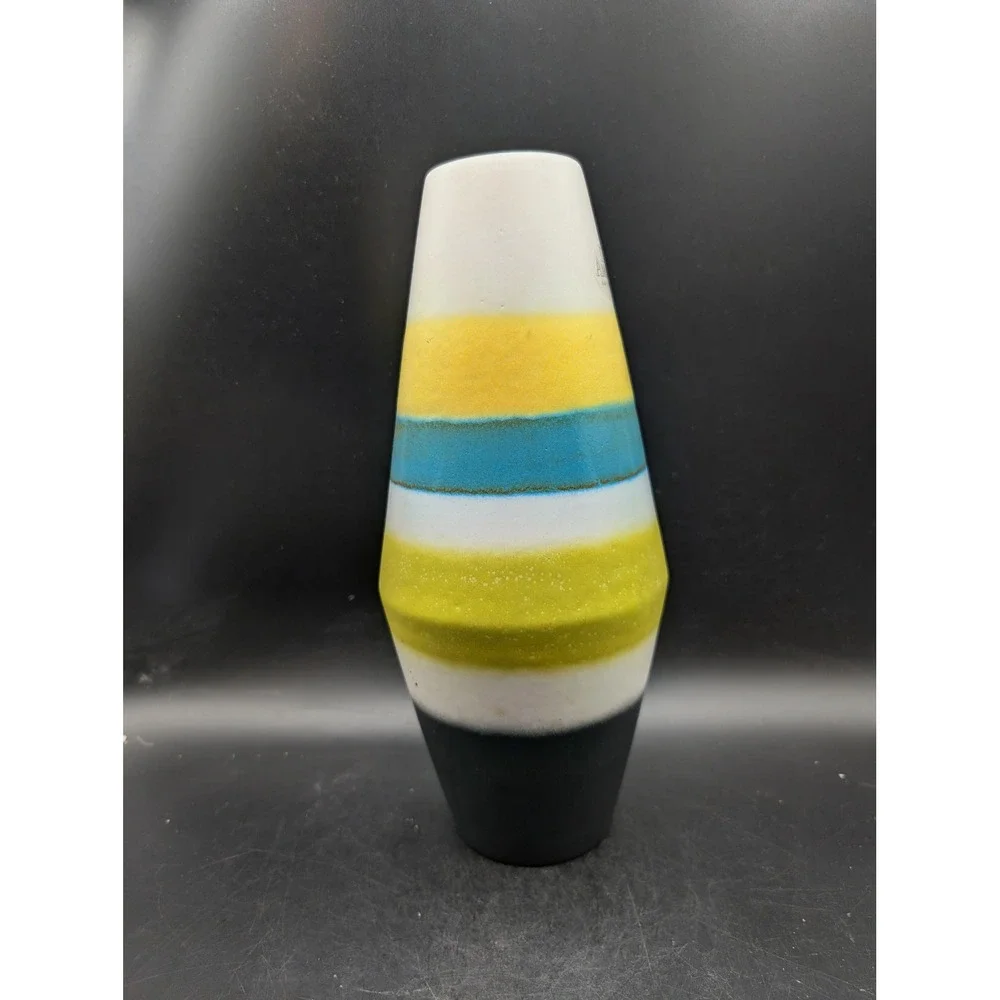 Amano West Germany Pottery Vase Mid Century Modern Striped Ceramic Yellow Blue